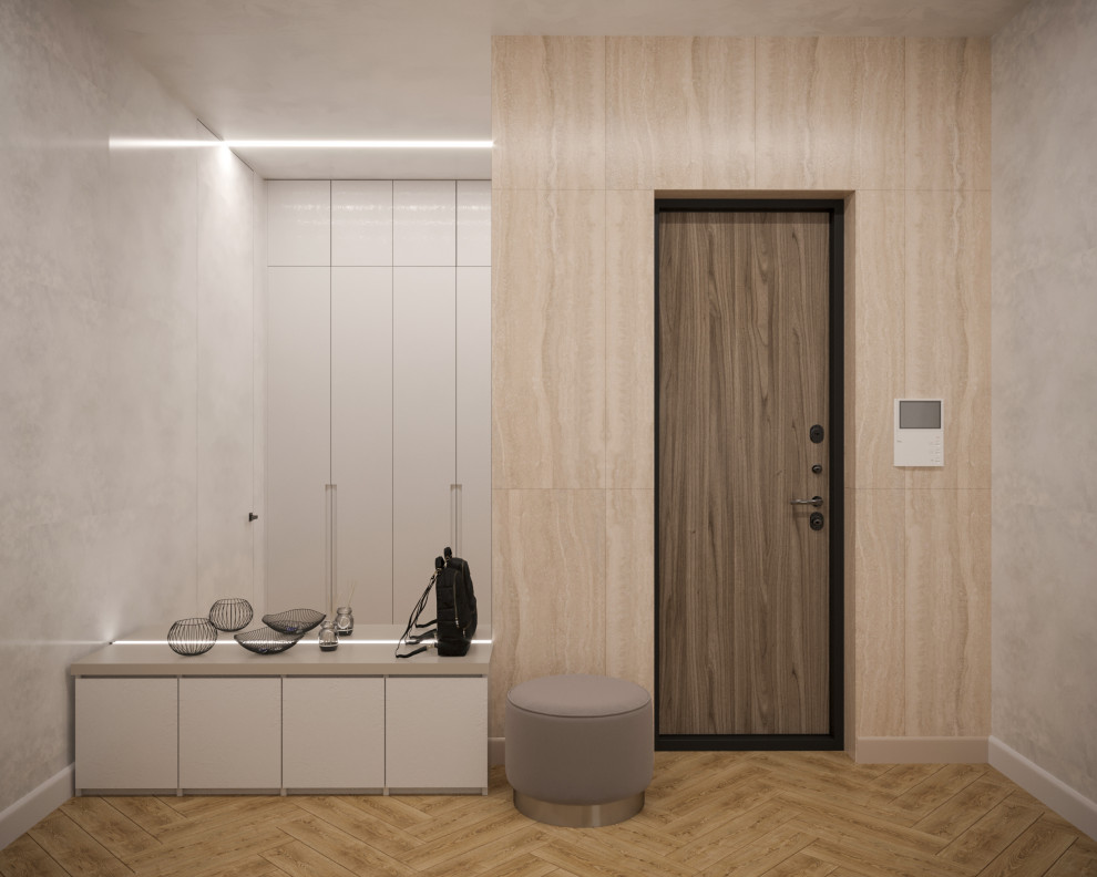 Дизайн минималистичной квартиры с серой кухней для студента в ЖК Glorax