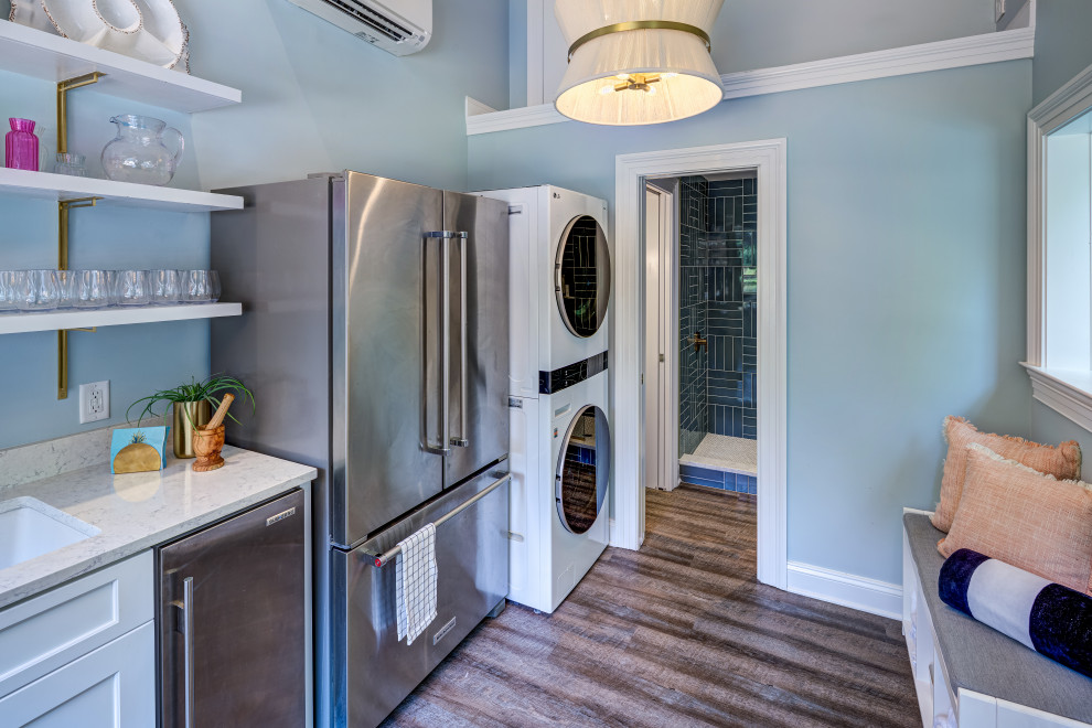 Inspiration for a small transitional backyard pool house remodel in DC Metro