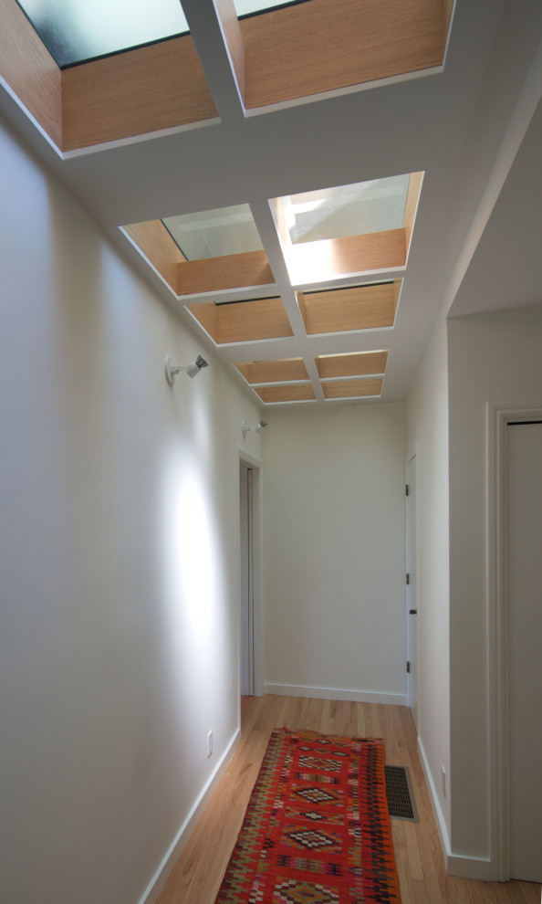 This is an example of a mid-sized contemporary hallway in San Francisco with white walls, light hardwood floors and coffered.