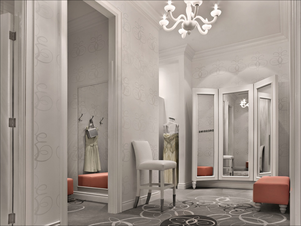 Idées déco pour un dressing room romantique de taille moyenne pour une femme avec un sol multicolore.
