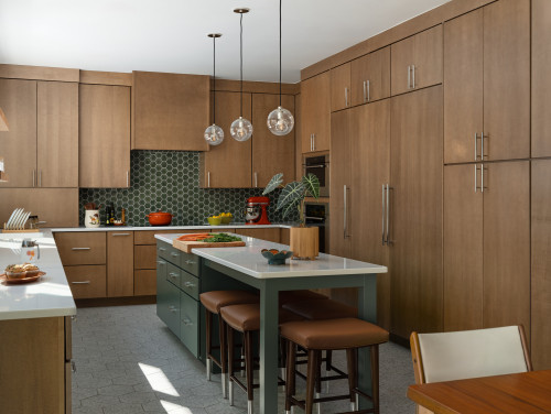 Kitchen Cabinets Vaughan in a modern kitchen with full-height wood cabinetry, a spacious island with seating, sleek pendant lights, and built-in storage for a refined custom look.