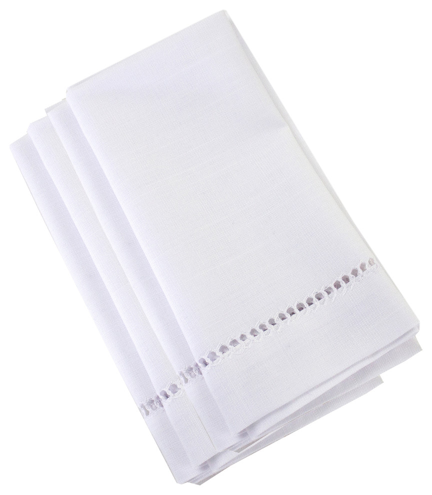 Stylish Solid Color Hemstitched Border Napkin, 18"x18" - Set of 4, White