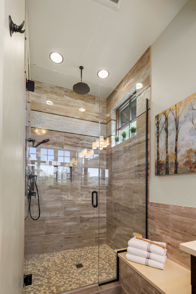Country master bathroom in Seattle with recessed-panel cabinets, dark wood cabinets, a hot tub, beige tile, white walls, porcelain floors, an undermount sink, quartzite benchtops, brown floor and a hinged shower door.