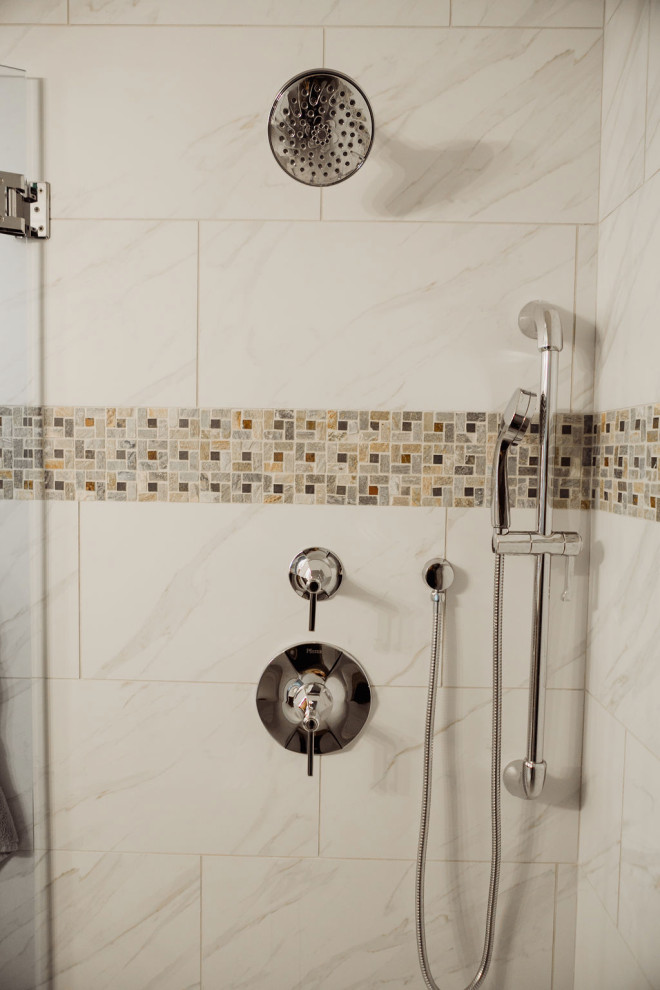 Freestanding bathtub - mid-sized modern master white tile porcelain tile and white floor freestanding bathtub idea in Dallas with flat-panel cabinets, brown cabinets, white walls, quartzite countertops, a hinged shower door and white countertops