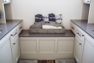 Example of a mid-sized mountain style master gray tile and subway tile concrete floor and gray floor freestanding bathtub design with shaker cabinets, white cabinets, a two-piece toilet, an undermount sink, granite countertops and a hinged shower door