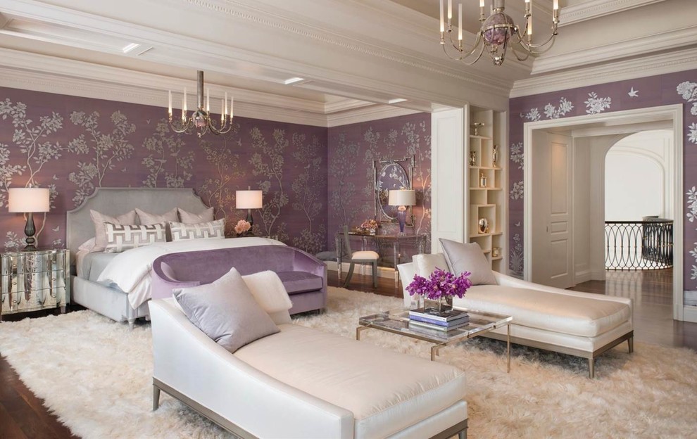 Photo of a mediterranean master bedroom in Dallas with purple walls and dark hardwood floors.