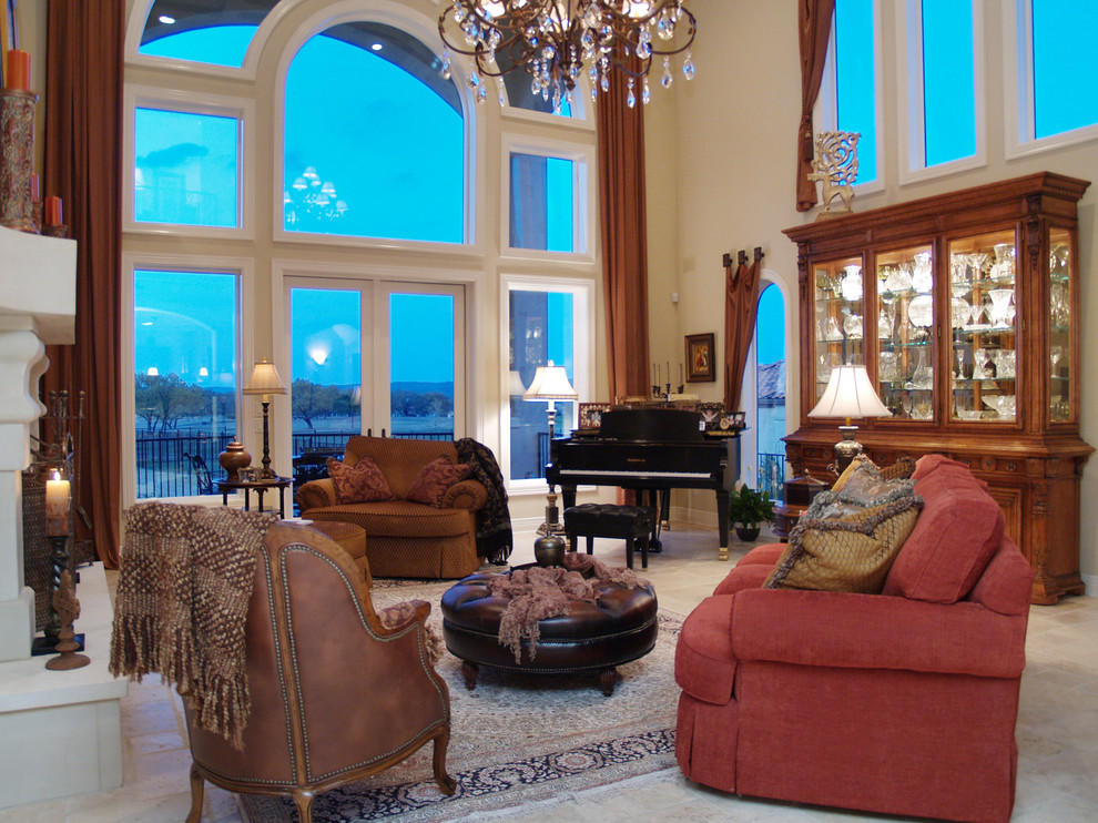 This is an example of a traditional living room in Austin with a music area.