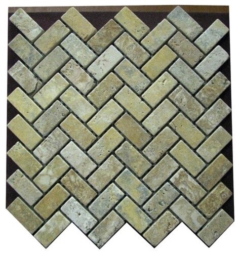 Gold Yellow Tumbled Mesh-Mounted Herringbone Pattern Travertine Mosaic Tiles