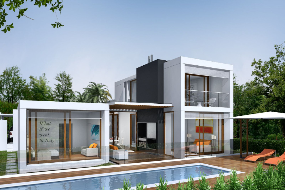 Cette image montre une piscine hors-sol et arrière design de taille moyenne et rectangle avec des solutions pour vis-à-vis et une terrasse en bois.