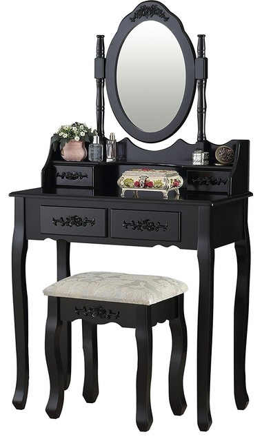 Bedroom Wood Dressing Table With 4, Mecor Vanity Table Set Makeup With Oval Mirror Stool