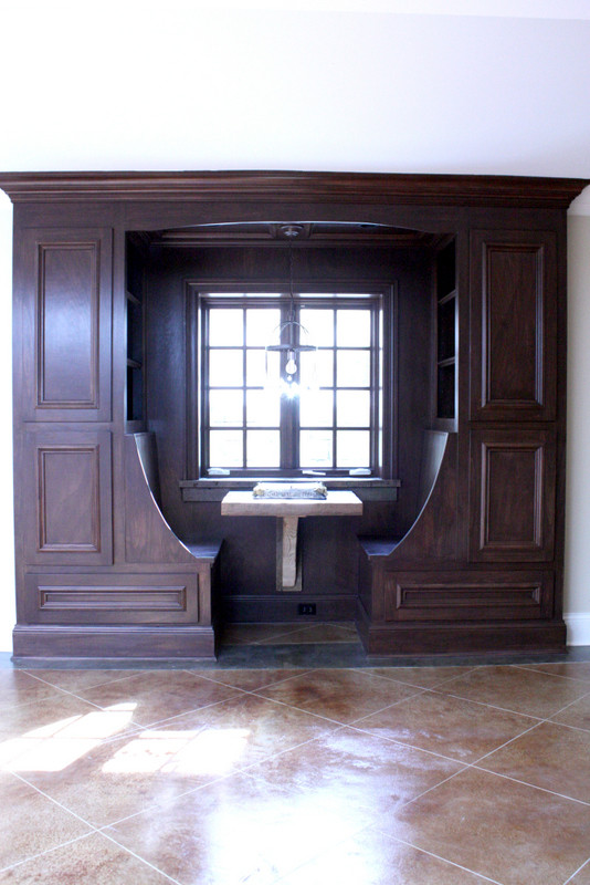 Large transitional look-out ceramic tile basement photo in Chicago with beige walls