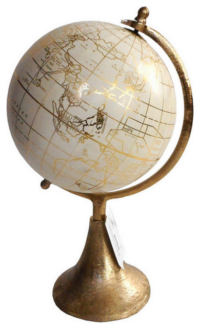 15 Inch Modern Accent Globe, Smooth Turning, White With Gold Aluminum Stand