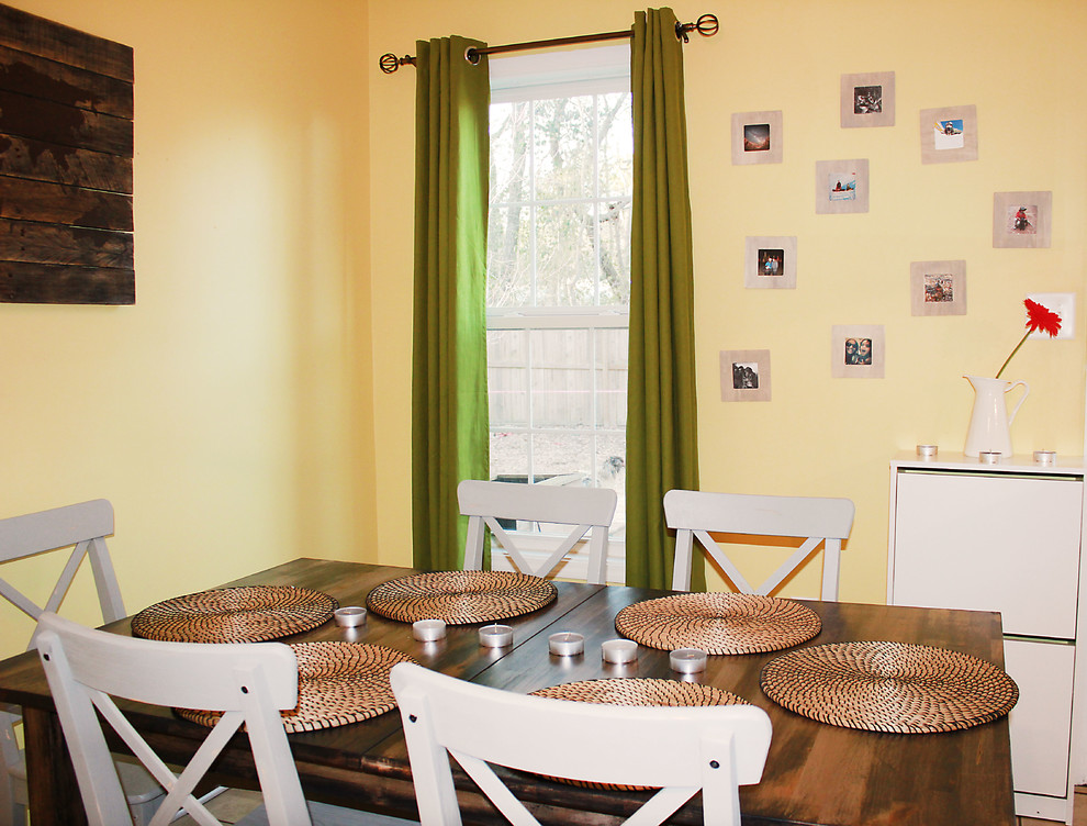 Small mountain style ceramic tile kitchen/dining room combo photo in Raleigh with yellow walls and no fireplace