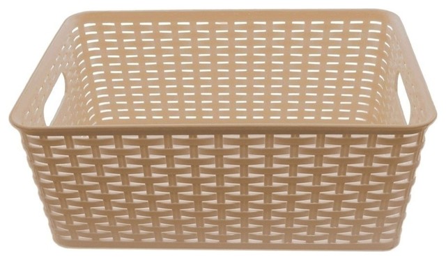 Plastic Rattan Storage Box Basket Organizer Tropical Baskets Plastic Rattan Storage Box Basket Organizer Beige Small