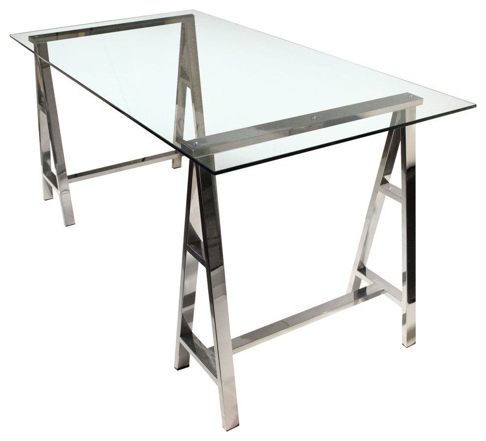Deko Stainless Steel Desk With Clear, Tempered Glass Top Contemporary