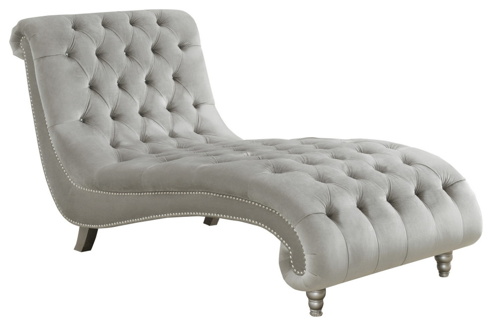 Benzara BM242078 Chaise With Nailhead Trim and Tufted Details, Gray