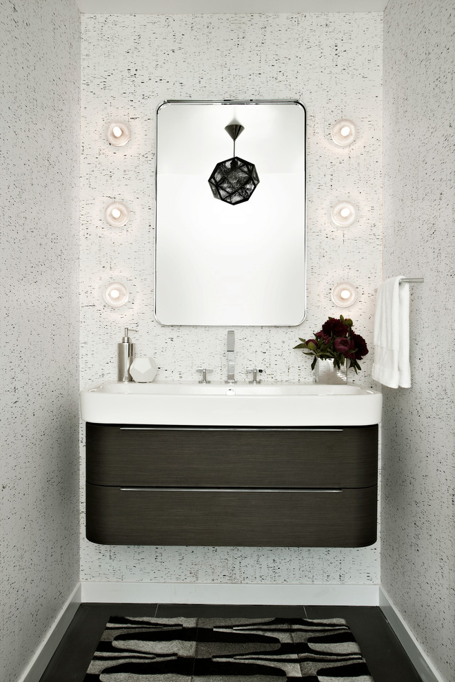 Design ideas for a contemporary powder room in San Francisco with an integrated sink.