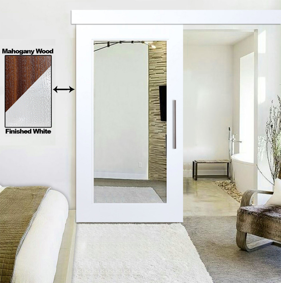 White Lacquered Mahogany Mirror Solid Wood Barn Door with Hardware