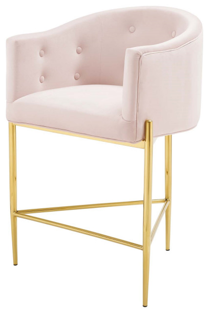 Claude Pink Velvet Bar Stool, Tufted Gold Barstool, Luxe Glam Kitchen