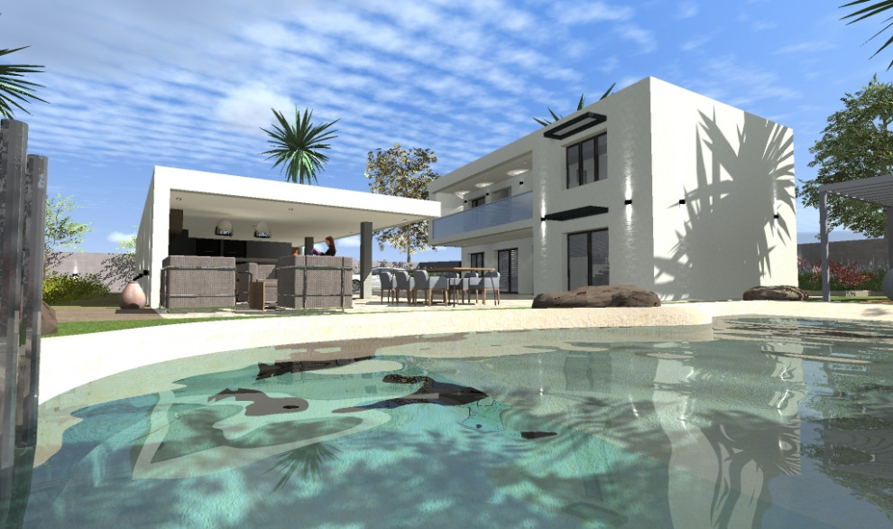 Modelo de casa de la piscina y piscina moderna de tamaño medio