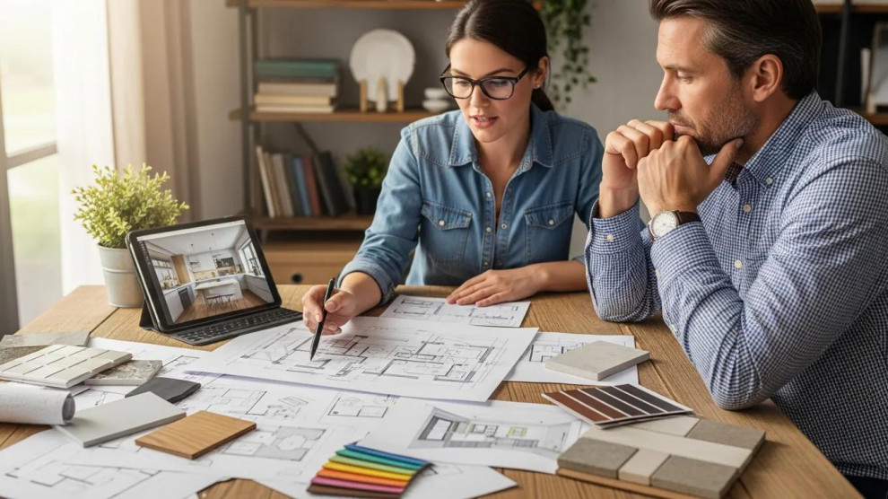 Designer and homeowner collaborating on custom kitchen design
