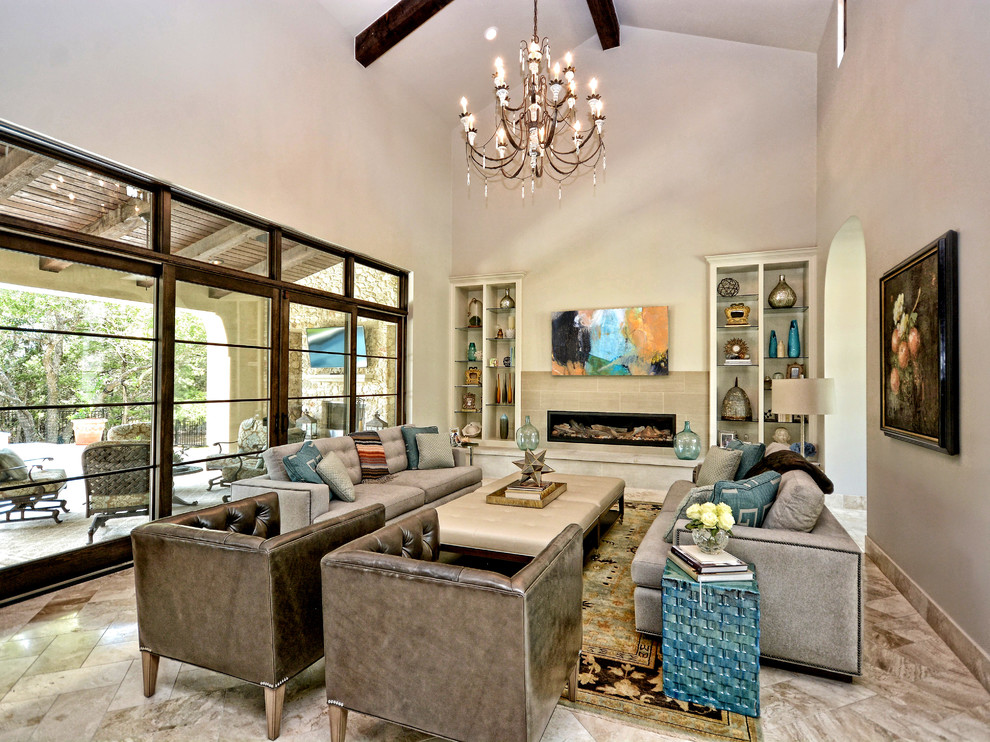 Large transitional open concept living room in Austin with white walls, travertine floors, a ribbon fireplace, a tile fireplace surround and a wall-mounted tv.