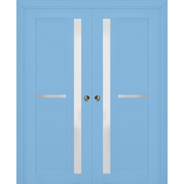 Sliding Pocket Doors 60 x 96, Veregio 7288 Aquamarine & Frosted Glass, Rail