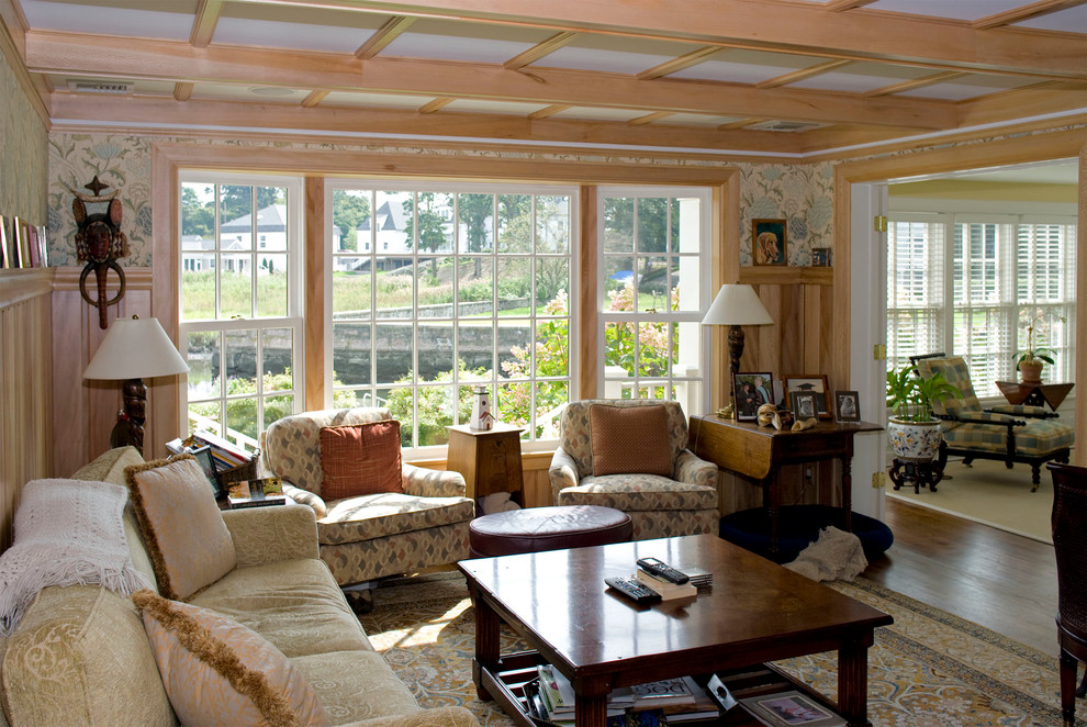 Design ideas for a mid-sized arts and crafts enclosed family room in Santa Barbara with medium hardwood floors.