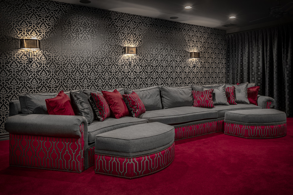 Inspiration for a large contemporary open concept home theatre in Phoenix with grey walls, carpet and a projector screen.