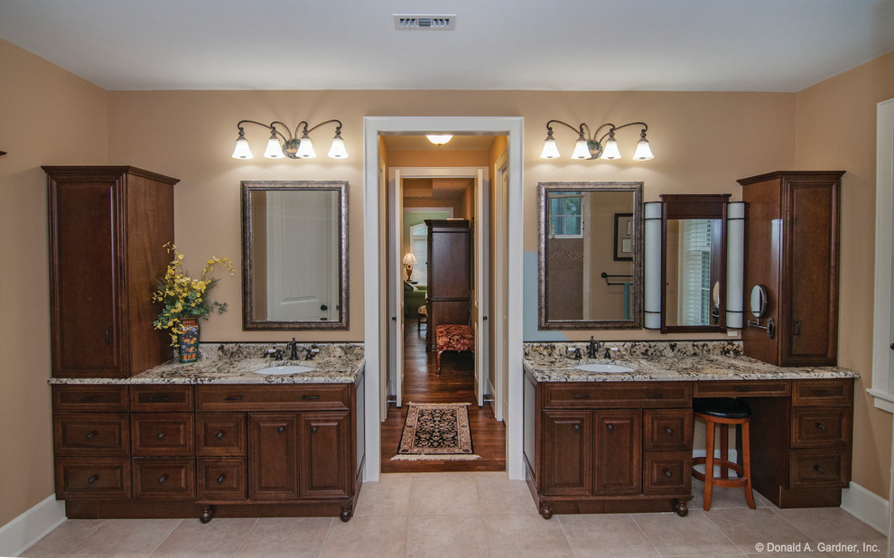 Inspiration for a large arts and crafts master bathroom in Other with an undermount sink, dark wood cabinets, granite benchtops, an alcove tub, a corner shower, beige tile and beige walls.