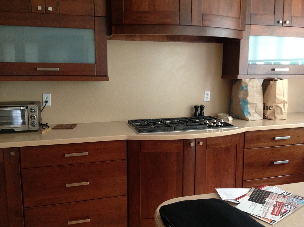 Example of a large transitional medium tone wood floor open concept kitchen design in Boston with glass-front cabinets, dark wood cabinets, multicolored backsplash, mosaic tile backsplash, stainless steel appliances and an island