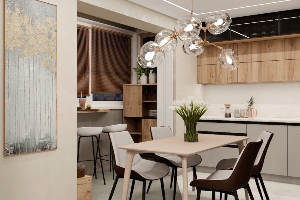 Уютная кухня-гостиная с камином