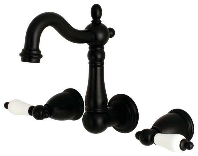 Wall Bathroom Faucet, Elegant White Porcelain Lever Handles, Matte Black