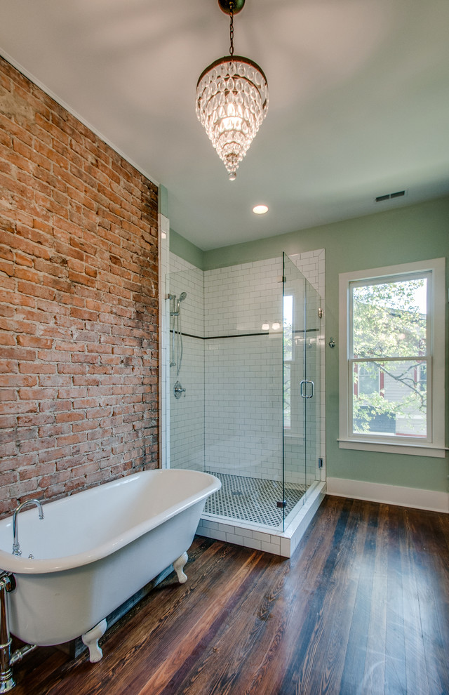Inspiration for a large traditional master bathroom in Nashville with an undermount sink, shaker cabinets, dark wood cabinets, engineered quartz benchtops, a claw-foot tub, a curbless shower, a two-piece toilet, white tile, subway tile, green walls and dark hardwood floors.