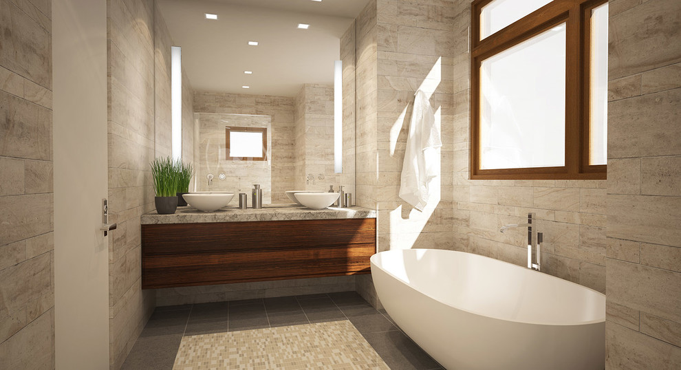Design ideas for a small modern master bathroom in San Francisco with a vessel sink, flat-panel cabinets, medium wood cabinets, limestone benchtops, a freestanding tub, beige tile, stone tile and brown walls.