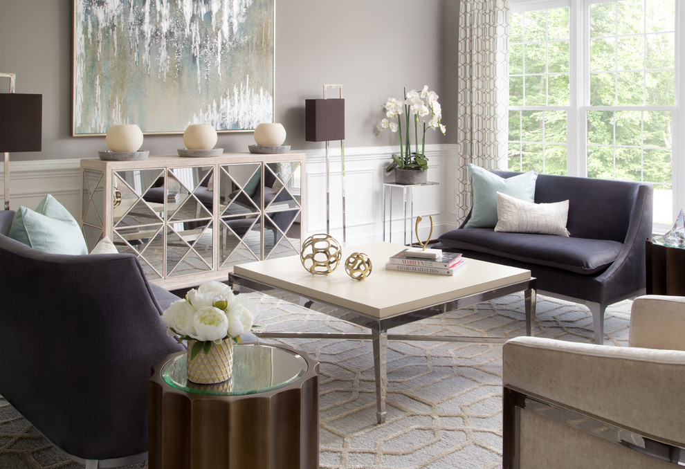 Inspiration for a large transitional formal and open concept dark wood floor and brown floor living room remodel in DC Metro with gray walls, no fireplace and no tv