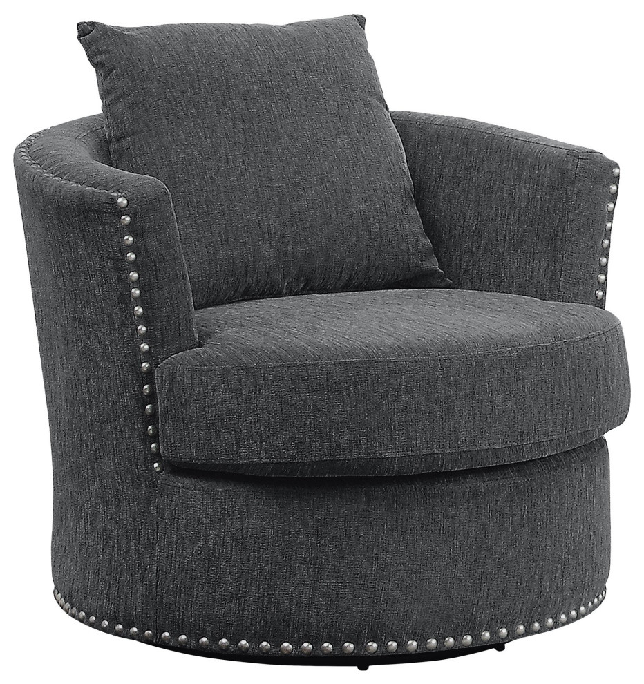 Contemporary Swivel Accent Chair, Chenille Fabric Seat With Nailhead