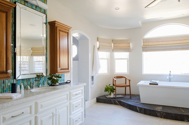 White Bright Master Bathroom W Teal Mosaic Tile