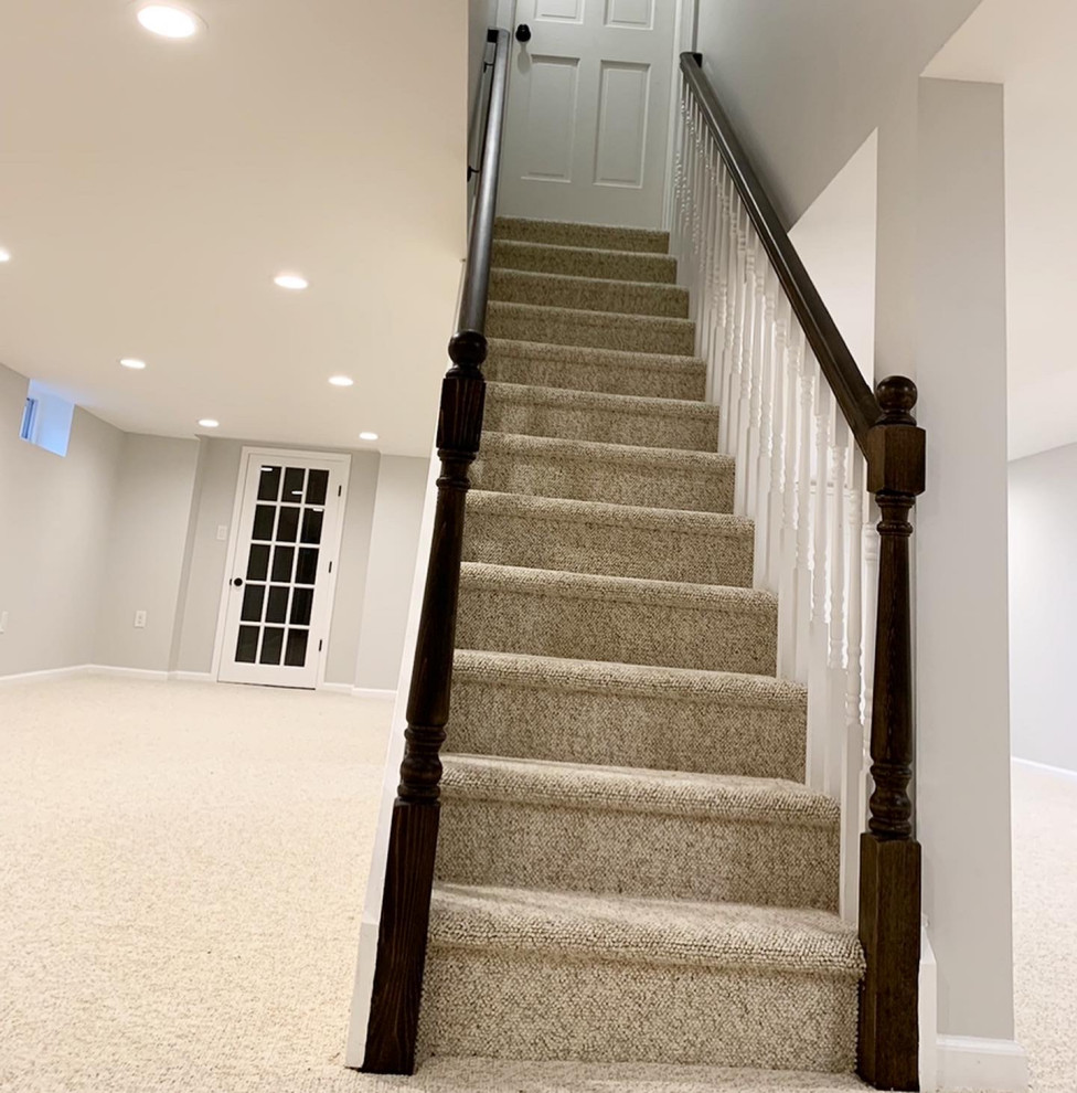 Example of a mid-sized transitional walk-out carpeted and white floor staircase design with gray walls and no fireplace