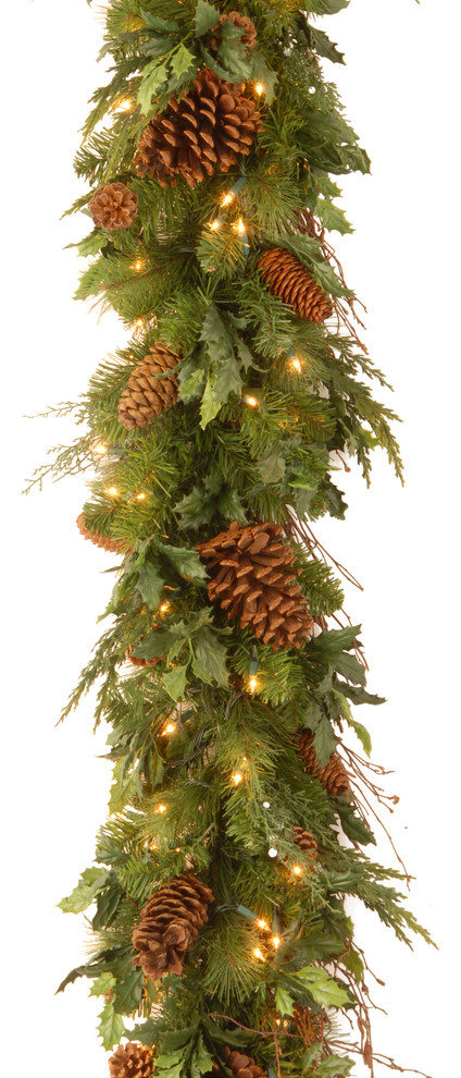 6' Decorative Collection Juniper Mix Pine Garland with Warm white LED Lights