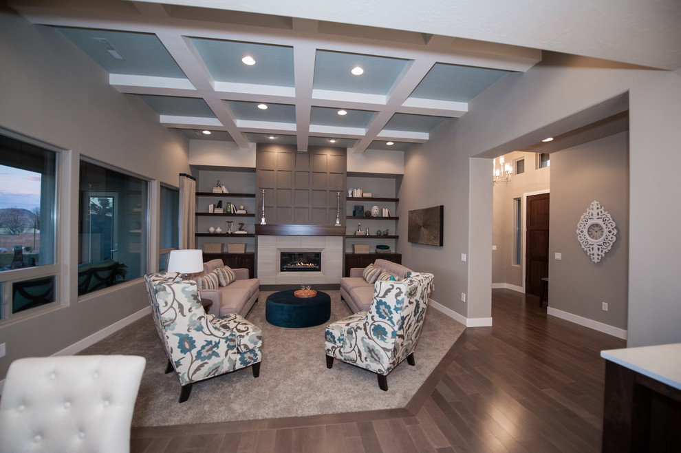 Family room - mid-sized contemporary open concept carpeted and beige floor family room idea in Salt Lake City with gray walls, a ribbon fireplace, a tile fireplace and a wall-mounted tv