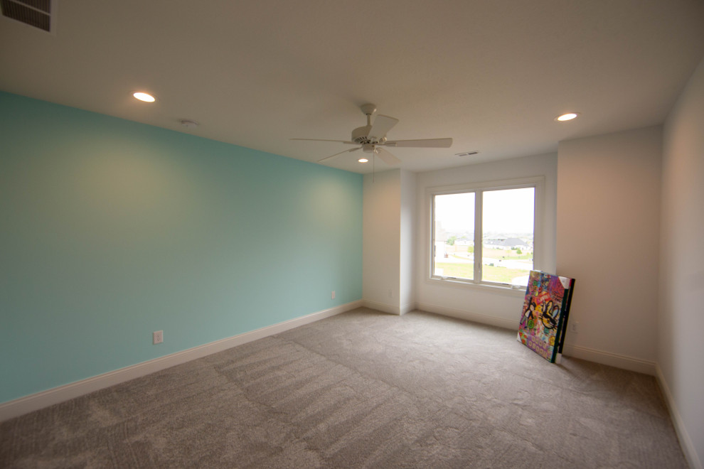 Esempio di una camera degli ospiti classica di medie dimensioni con pareti blu, moquette, pavimento marrone e soffitto ribassato