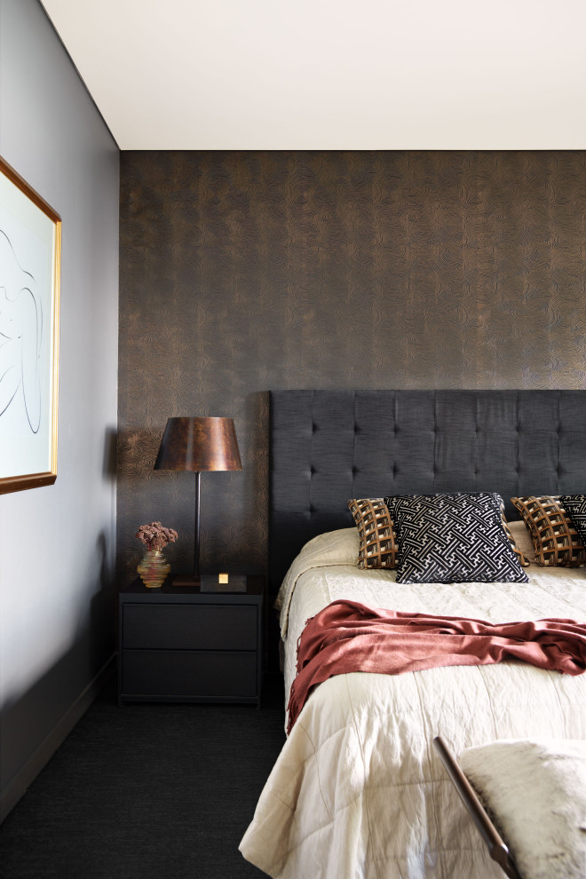 This is an example of a large contemporary master bedroom in Sydney with grey walls, carpet, grey floor and wallpaper.