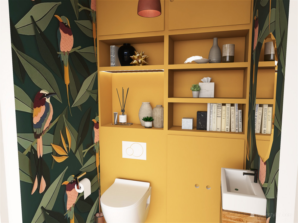 На фото: туалет среднего размера в стиле модернизм с фасадами с декоративным кантом, желтыми фасадами, напольной тумбой и обоями на стенах с