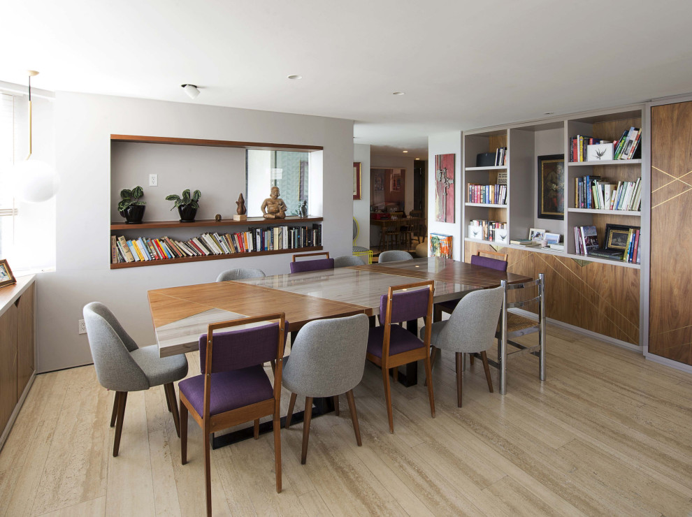 Design ideas for a contemporary dining room in Mexico City with white walls and beige floor.