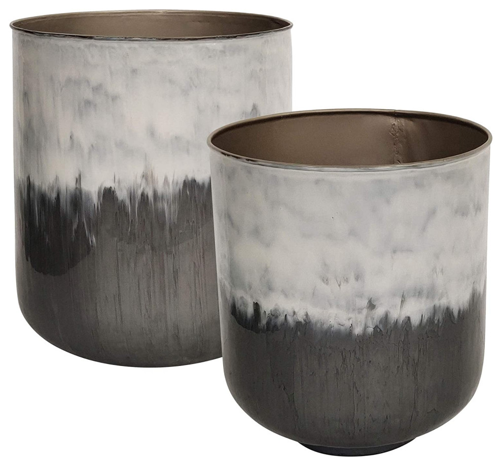 Set Of 2 Planter Two Tone Design Constructed In Metal White And Grey Contemporary Smokers By Decor Love