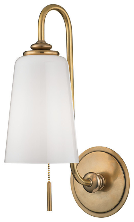 Glover, 1 Light, Wall Sconce, Aged Brass Finish, White Glass