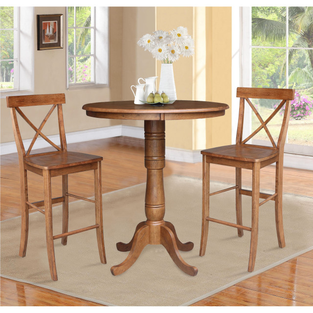 36" Round Pedestal Bar Height Table With 2 XBack Bar Height Stools