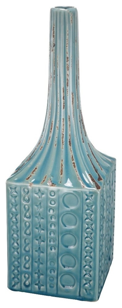 Benzara BM180997 Patterned Ceramic Garden Vase with Elongated Top, Blue