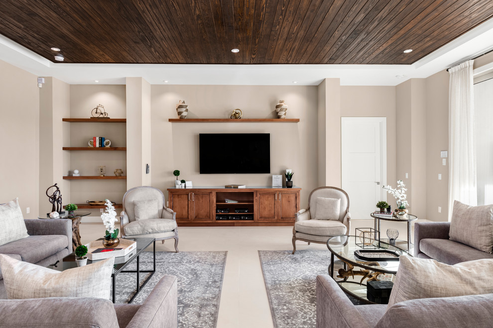 This is an example of a large transitional formal enclosed living room in Orlando with beige walls, porcelain floors, a two-sided fireplace, a stone fireplace surround and a wall-mounted tv.
